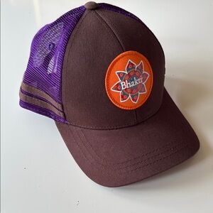 Bhakti Chai Brown and Purple Trucker Hat with Orange Patch
